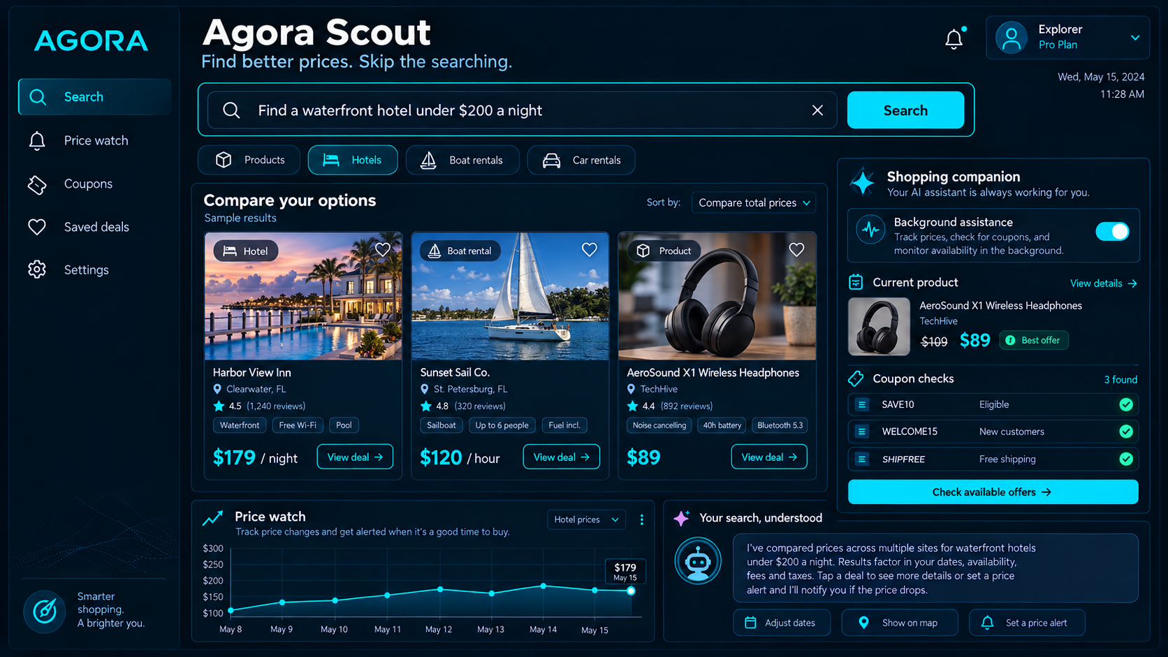 Agora Scout shopping assistant dashboard with AI search, hotel and boat rental comparisons, coupon checks, and price alerts
