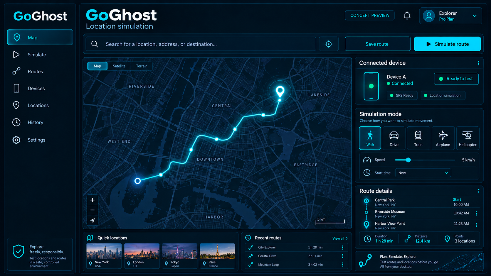 GoGhost location simulation dashboard with a map, connected phone, route controls, and walking, driving, train, airplane, and helicopter modes