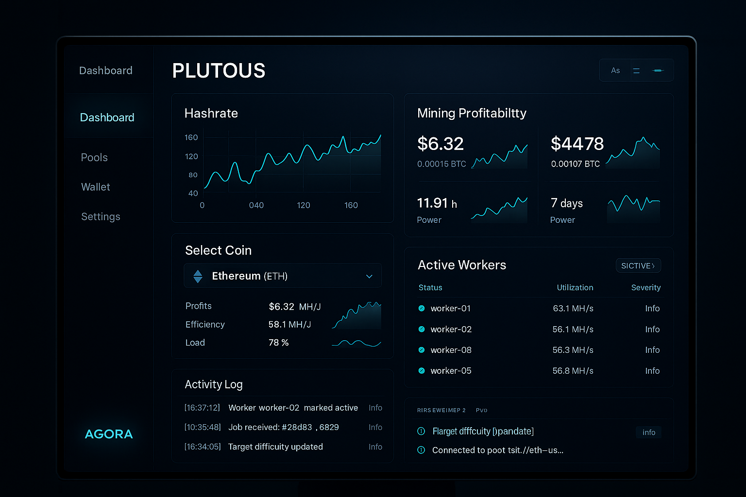 Plutous crypto mining dashboard interface